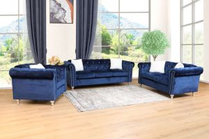 Blue Chesterfield Stationary Sofa Set