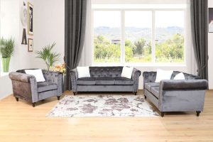 Gray Chesterfield Stationary Sofa Set