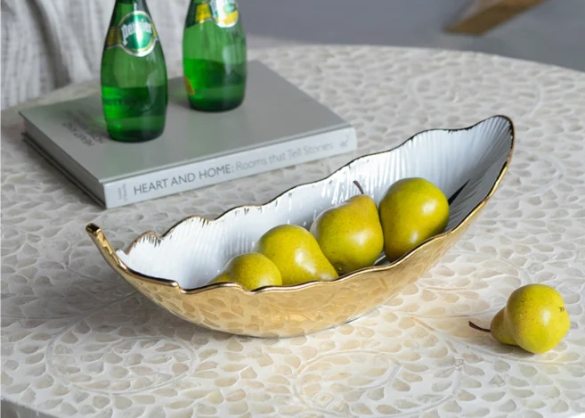 LEAF DECORATIVE BOWL-WHITE/GOLD (8850)