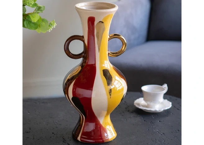 ROUND CERAMIC VASE WITH ABSTRACT MULTICOLORED FINISH AND SMALL HANDLES (A61206)