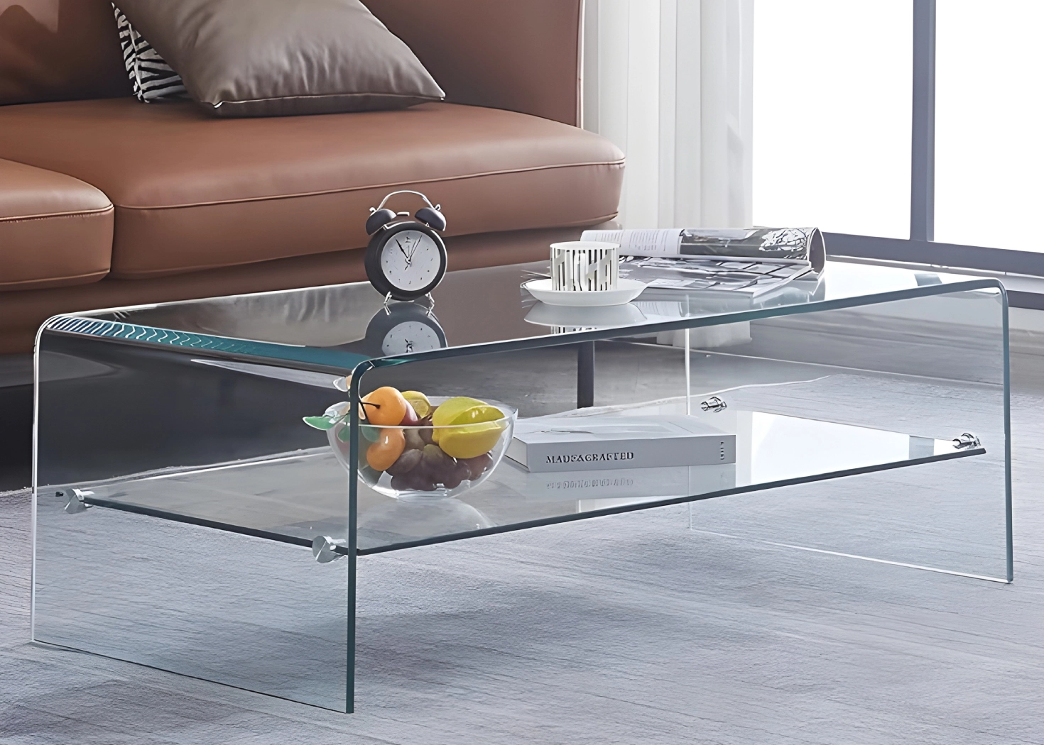 BENT GLASS COFFEE TABLE WITH CLEAR SHELF (116)