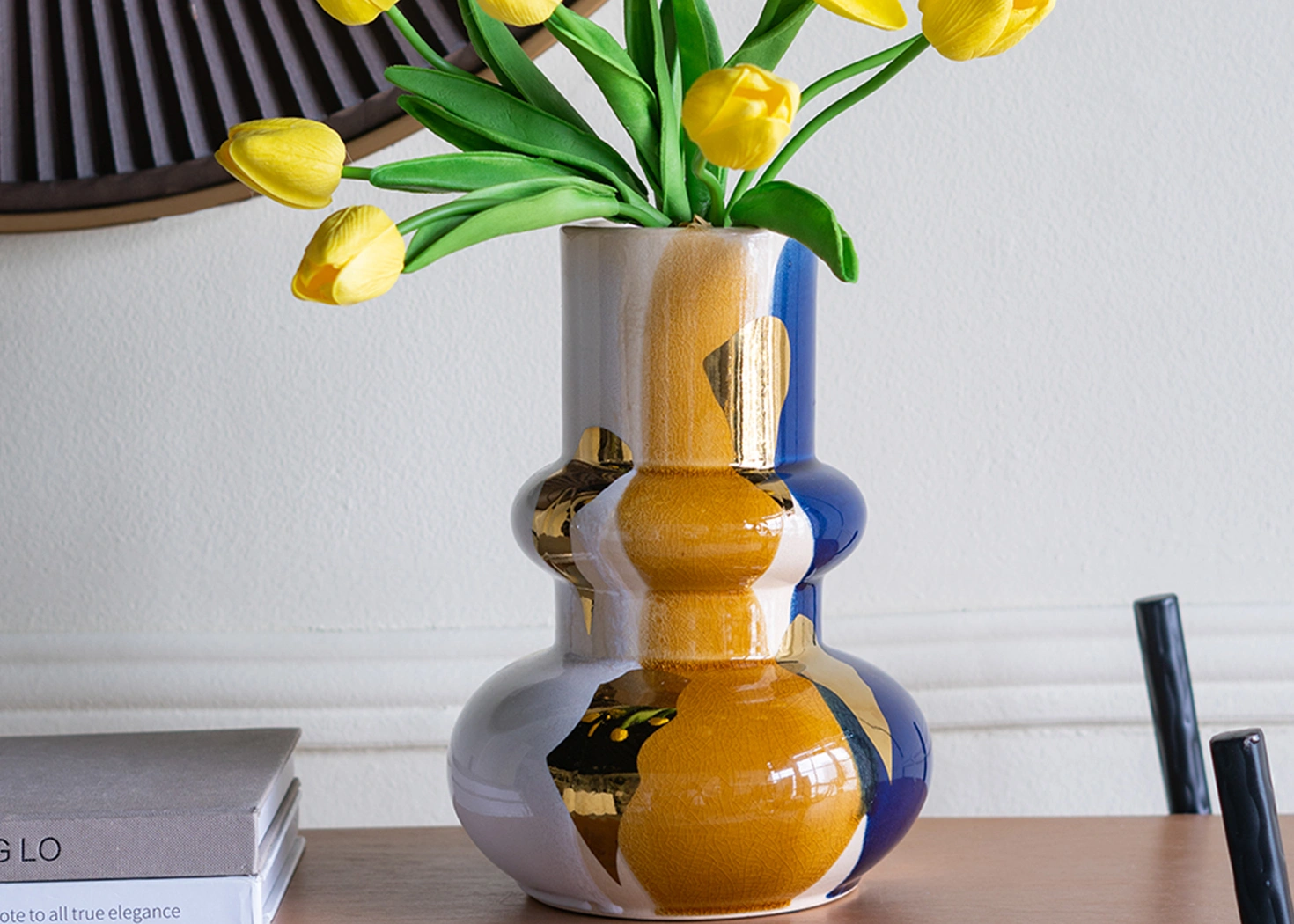 BULBOUS CERAMIC VASE WITH ABSTRACT MULTICOLORED FINISH (A61208)