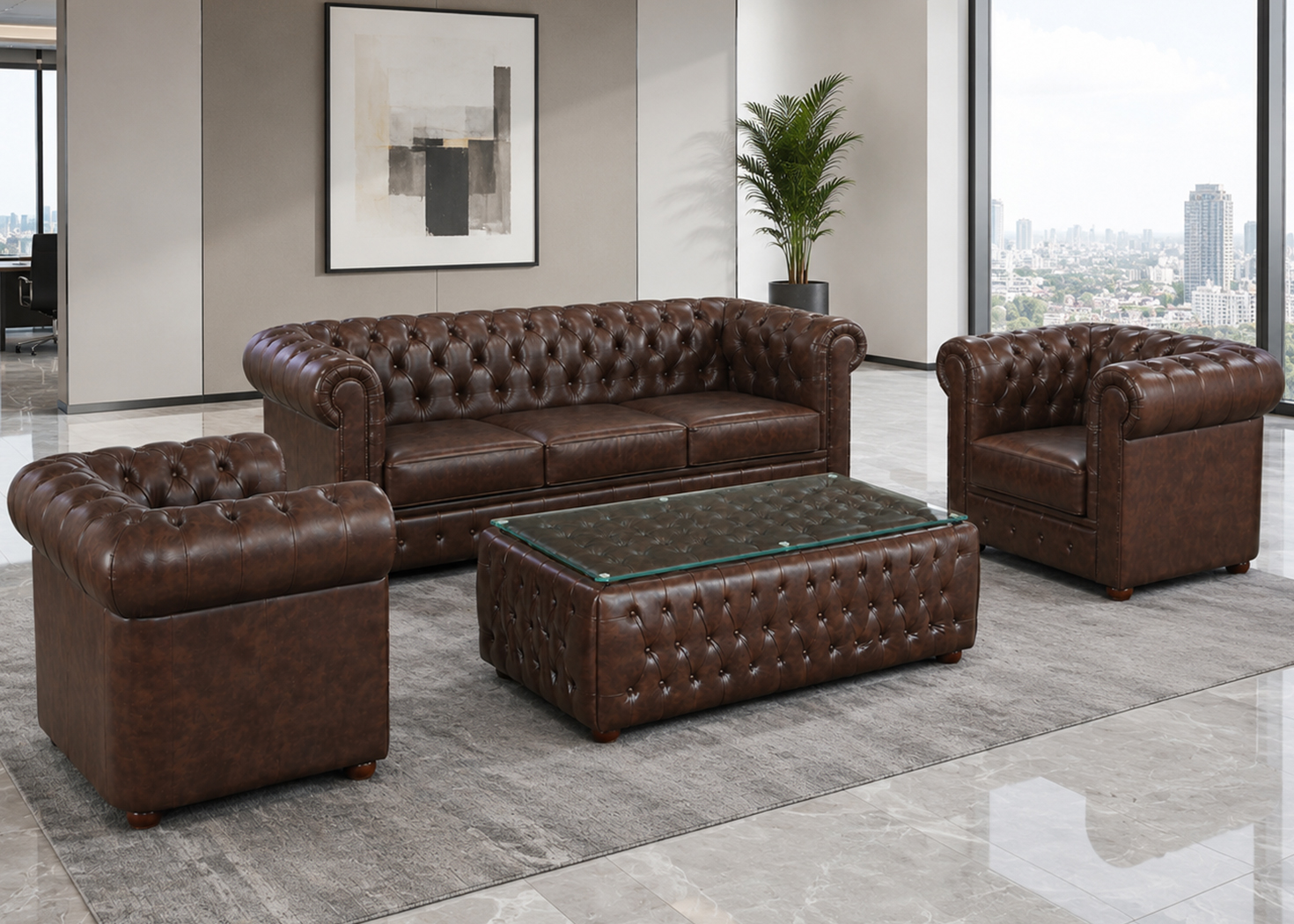 Chester 5 Seater Office Sofa (3+1+1)- Brown