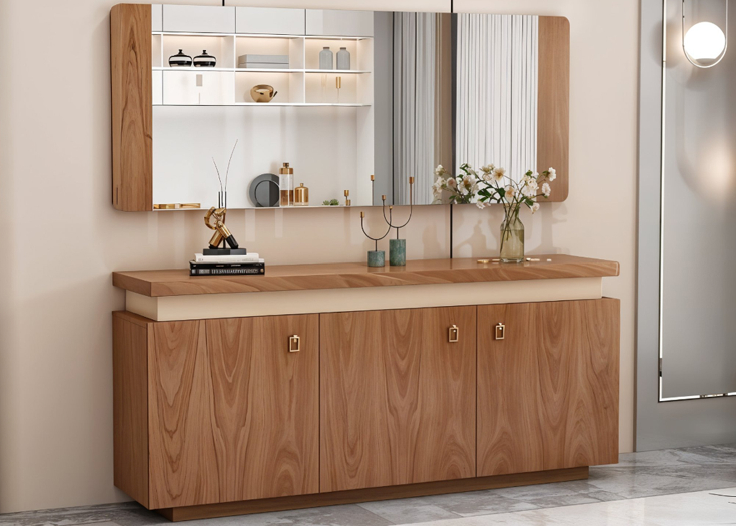 DINING CABINET + MIRROR- BROWN/BEIGE (92393/92459)