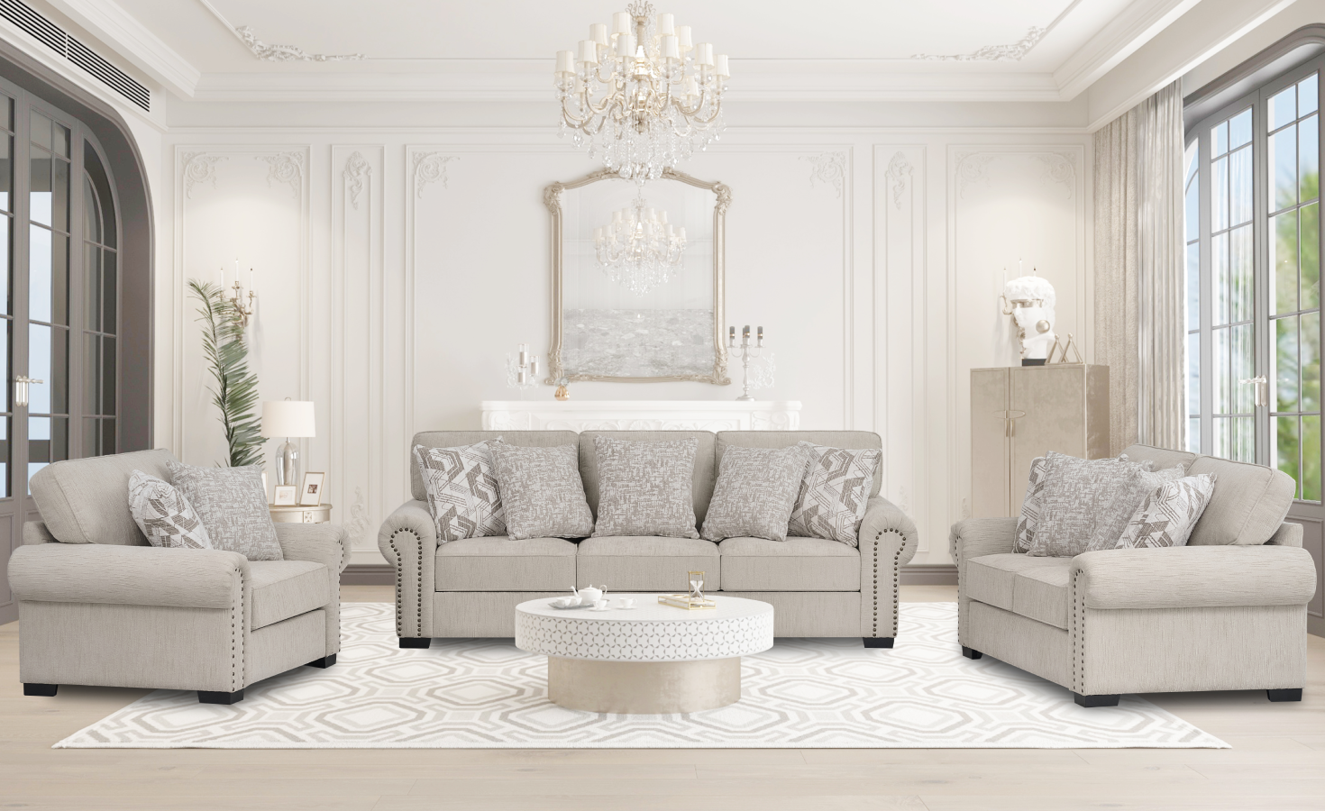 GRECIA 7 SEATER FABRIC SOFA- LIGHT GREY