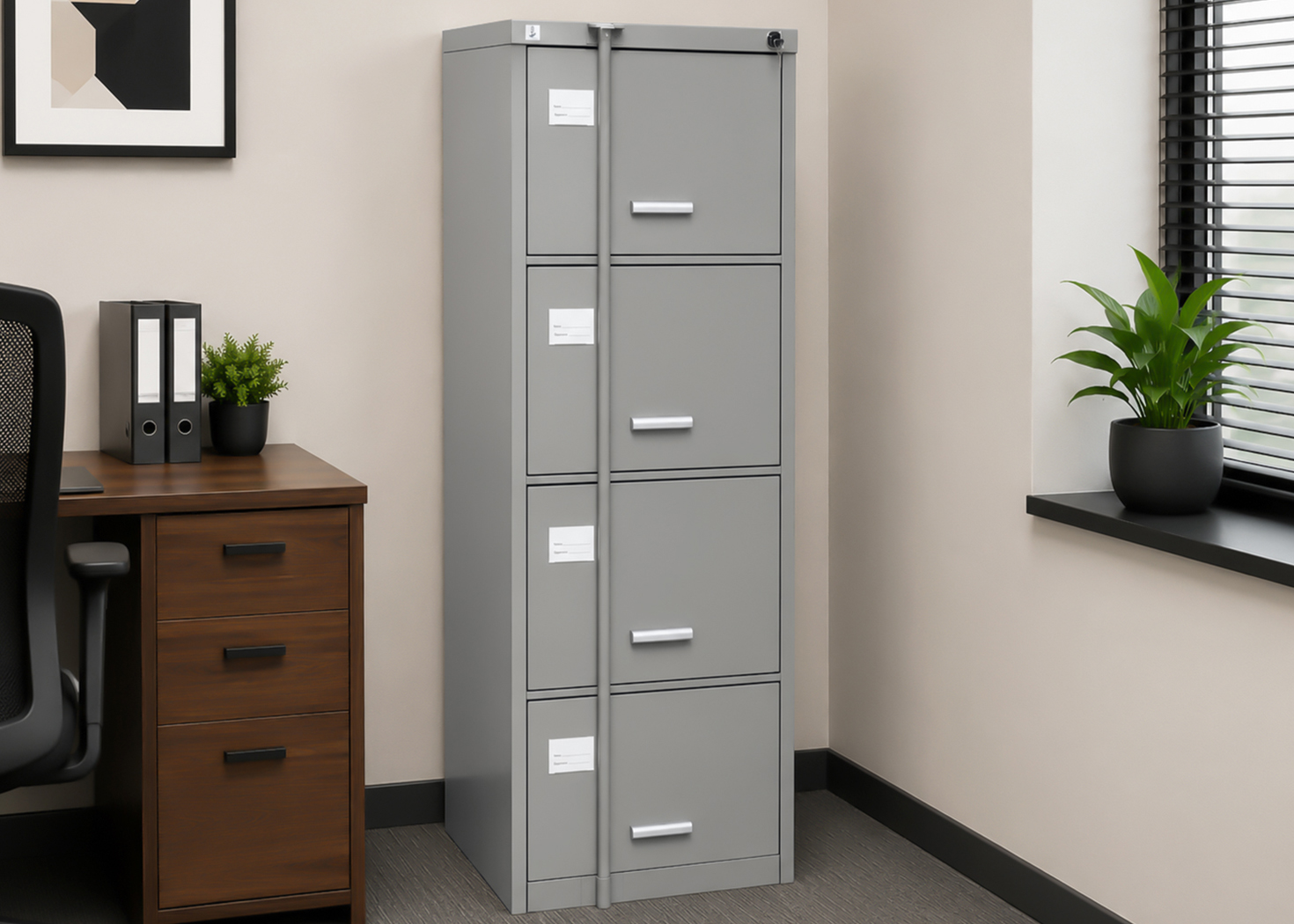 HEAVY GAUGE 4 DRAWER METAL FILING CABINET WITH LOCKABLE BAR-ASH GREY (AEL 0512)