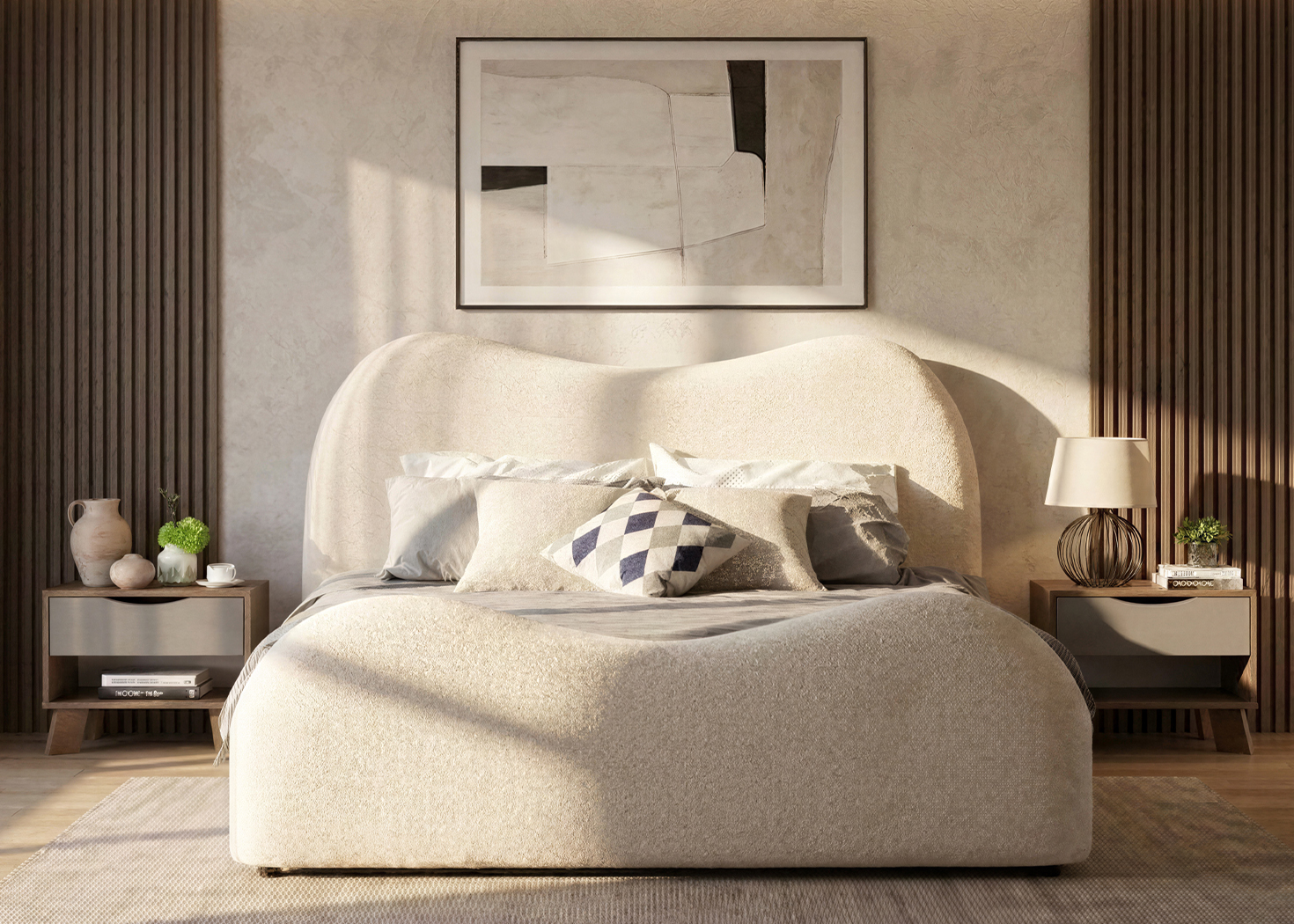 KING SIZE FABRIC BED- BEIGE(JL-01075)