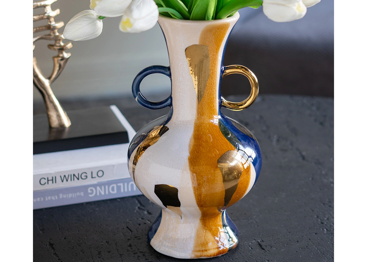 ROUND CERAMIC VASE WITH ABSTRACT MULTICOLORED FINISH AND SMALL HANDLES (A61207)