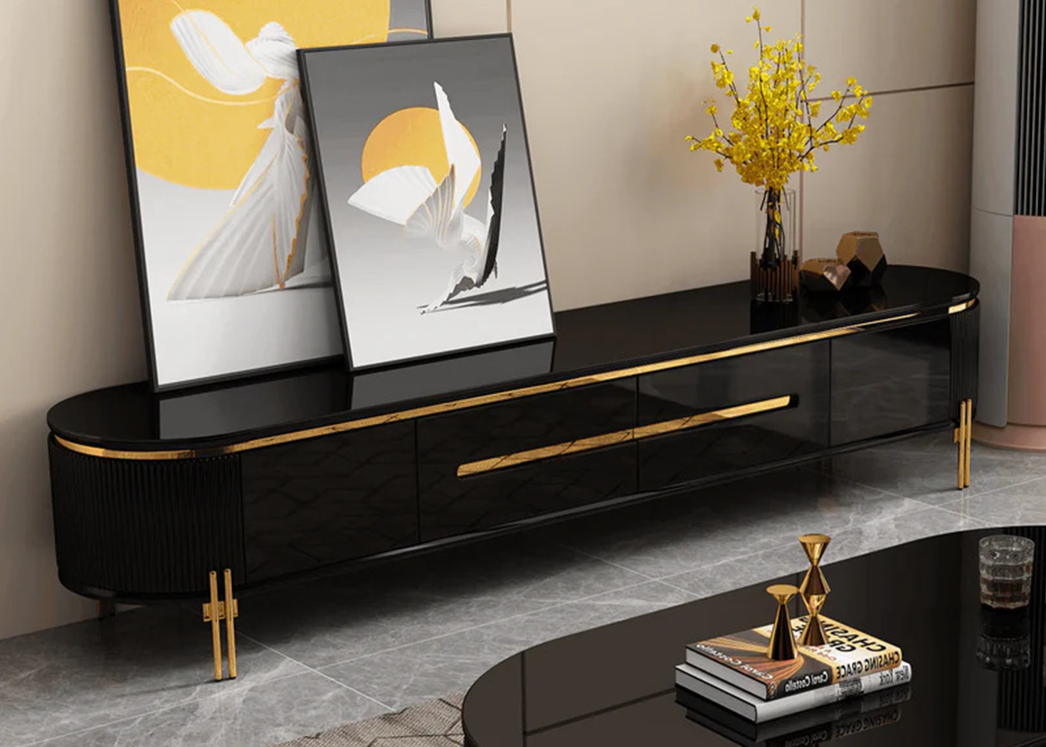 TV STAND- BLACK/GOLD (90595)